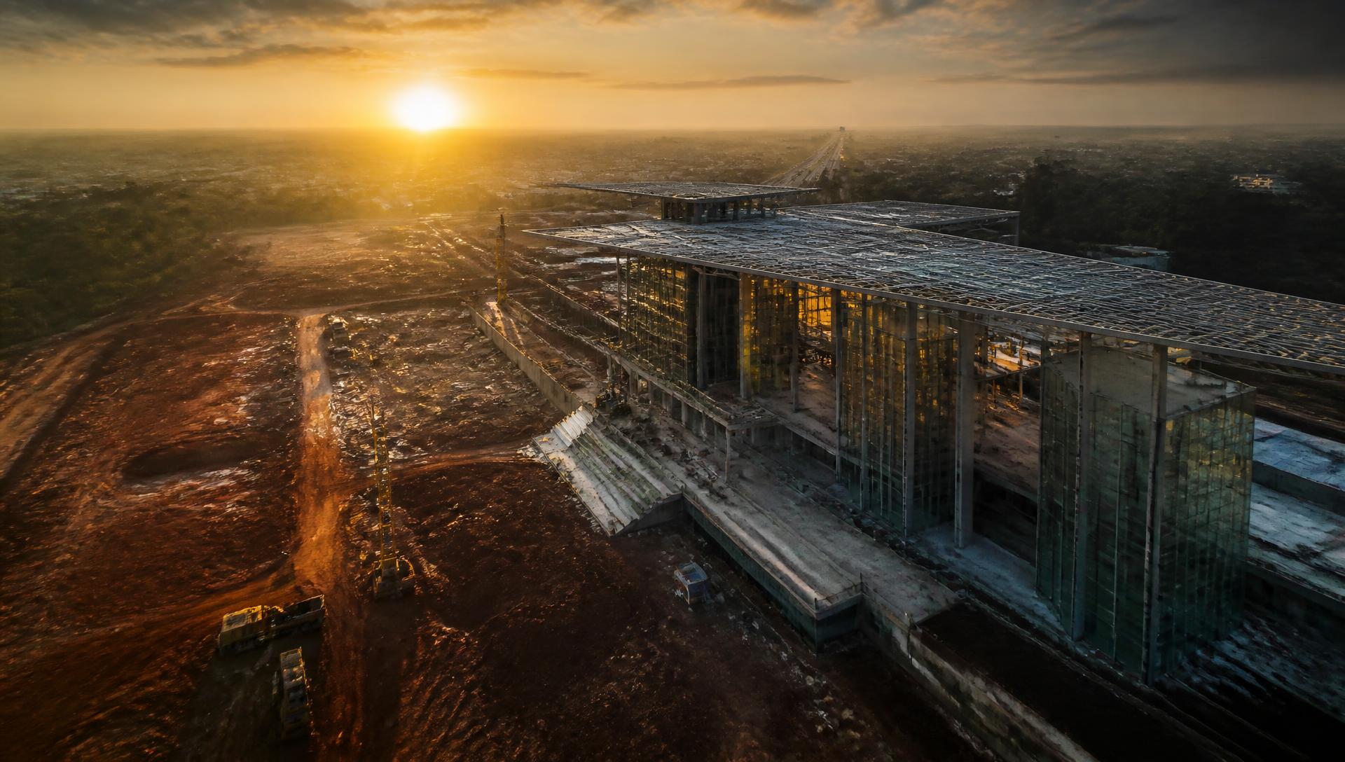 Aerial view at dawn of a Ghanaian site turning from raw earth into a completed structure
